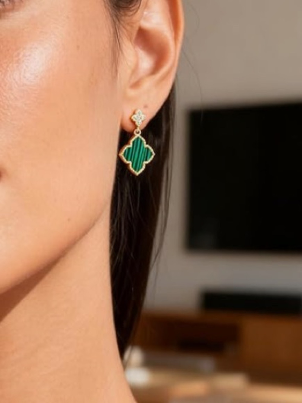 Anthropologie Gold-Tone Drop Earrings with Green Striped Clover Motifs - Picture 3 of 6